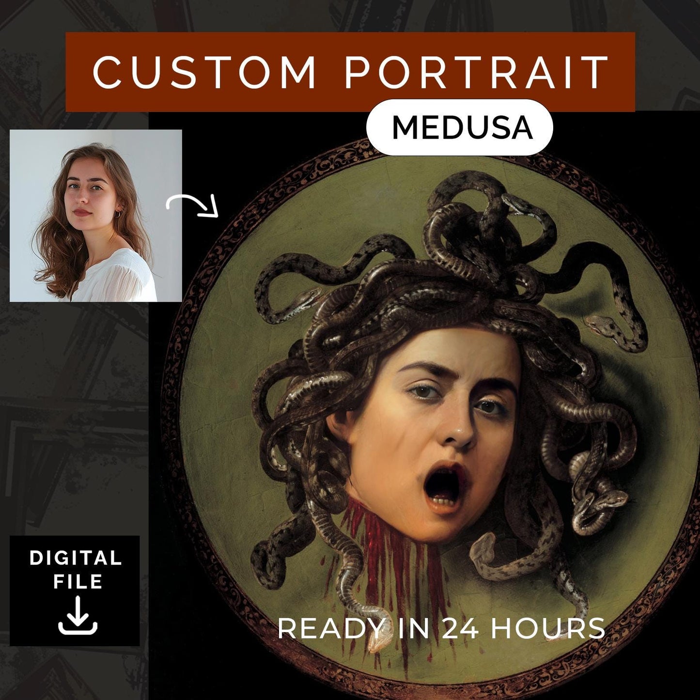 Customized Medusa Head Portrait from Photo, Turn Me Into Medusa | Custom Portrait Gift | Halloween Gift | Digital Download