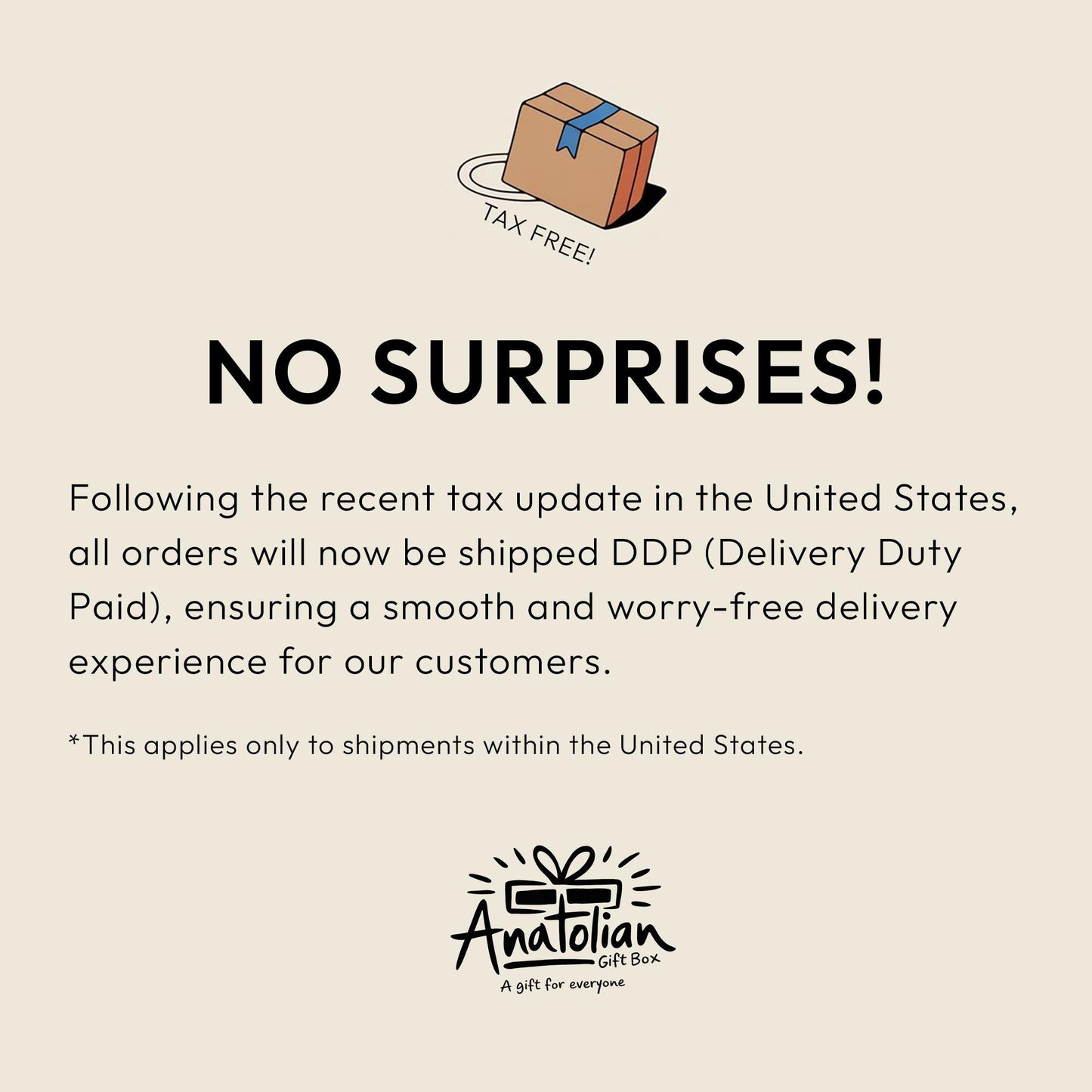 The image is a text-based image that contains a message about a tax-free delivery service for customers in the United States.