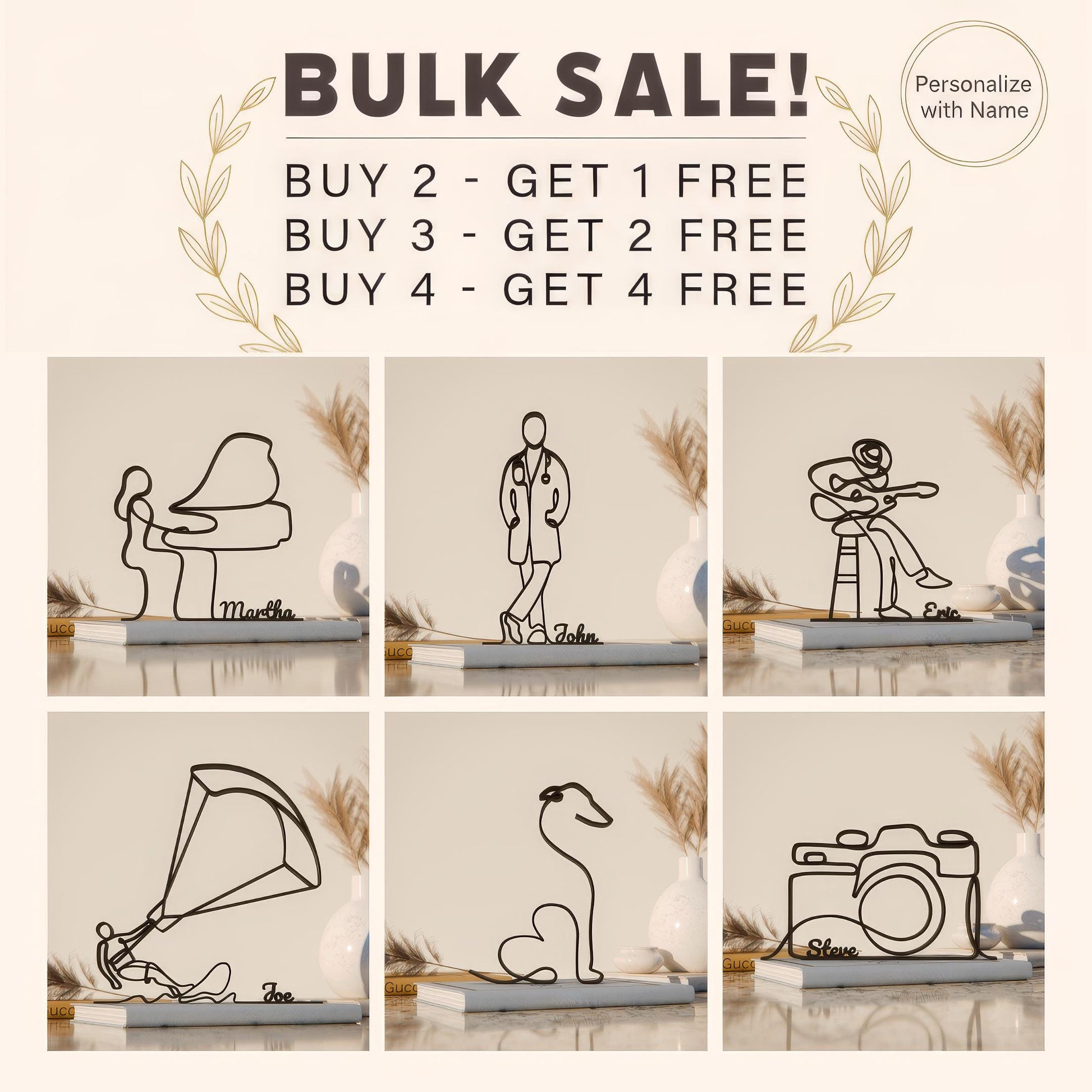 The image is a collage of six different wire sculptures, each depicting a unique scene or object. The sculptures are arranged in a grid format, with two sculptures in each row and three sculptures in each column. The sculptures are set against a neutral background, and the image does not contain any text.