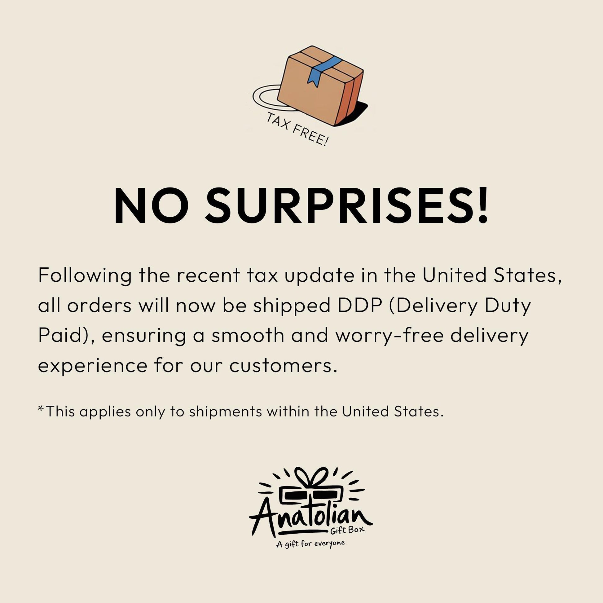 The image is a text-based image that contains a message about a tax-free delivery service for customers in the United States.
