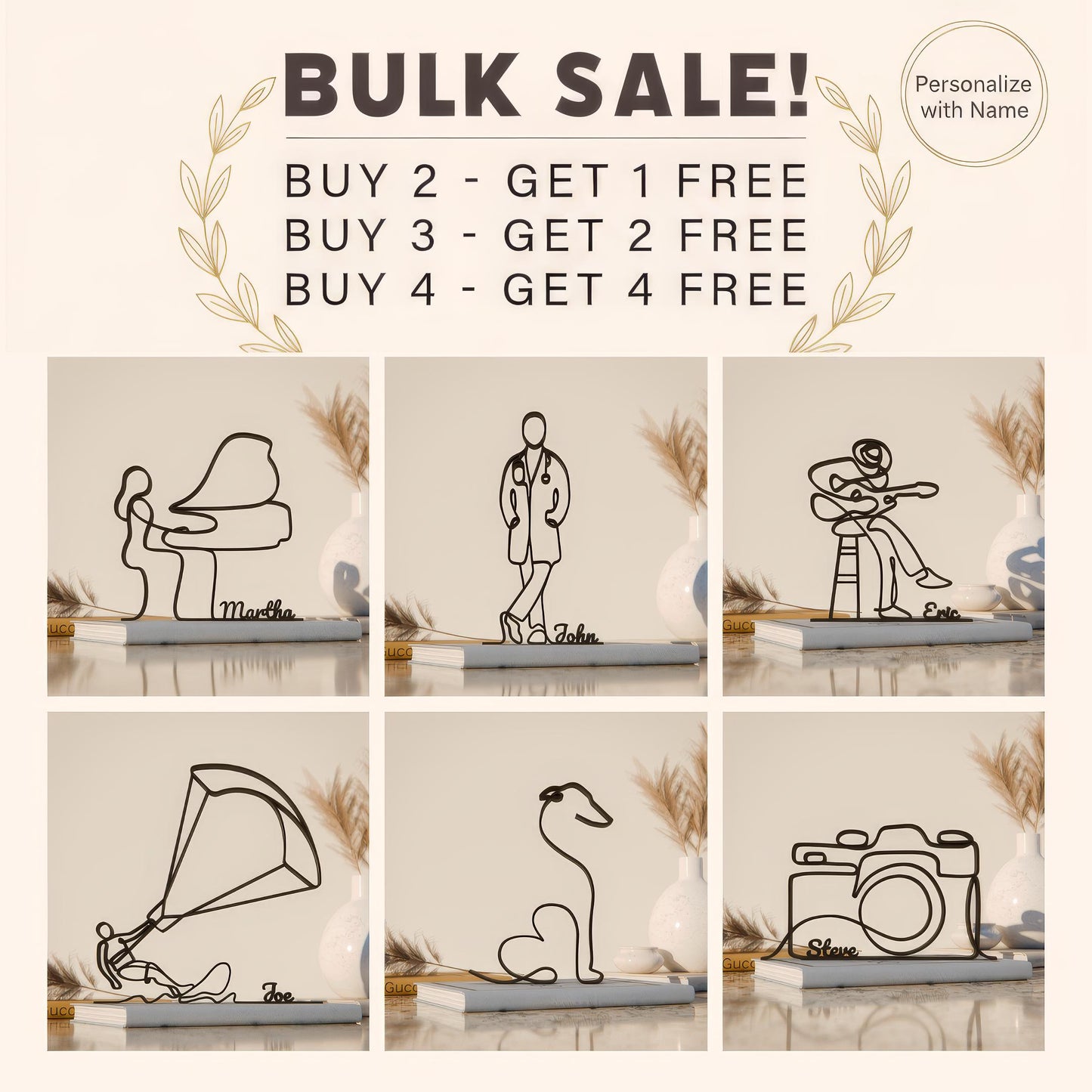 The image is a collage of six different wire sculptures, each depicting a unique scene or object. The sculptures are arranged in a grid format, with two sculptures in each row and three sculptures in each column. The sculptures are set against a neutral background, and the image does not contain any text.