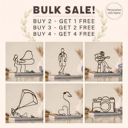 The image is a collage of six different wire sculptures, each depicting a unique scene or object. The sculptures are arranged in a grid format, with two sculptures in each row and three sculptures in each column. The sculptures are set against a neutral background, and the image does not contain any text.