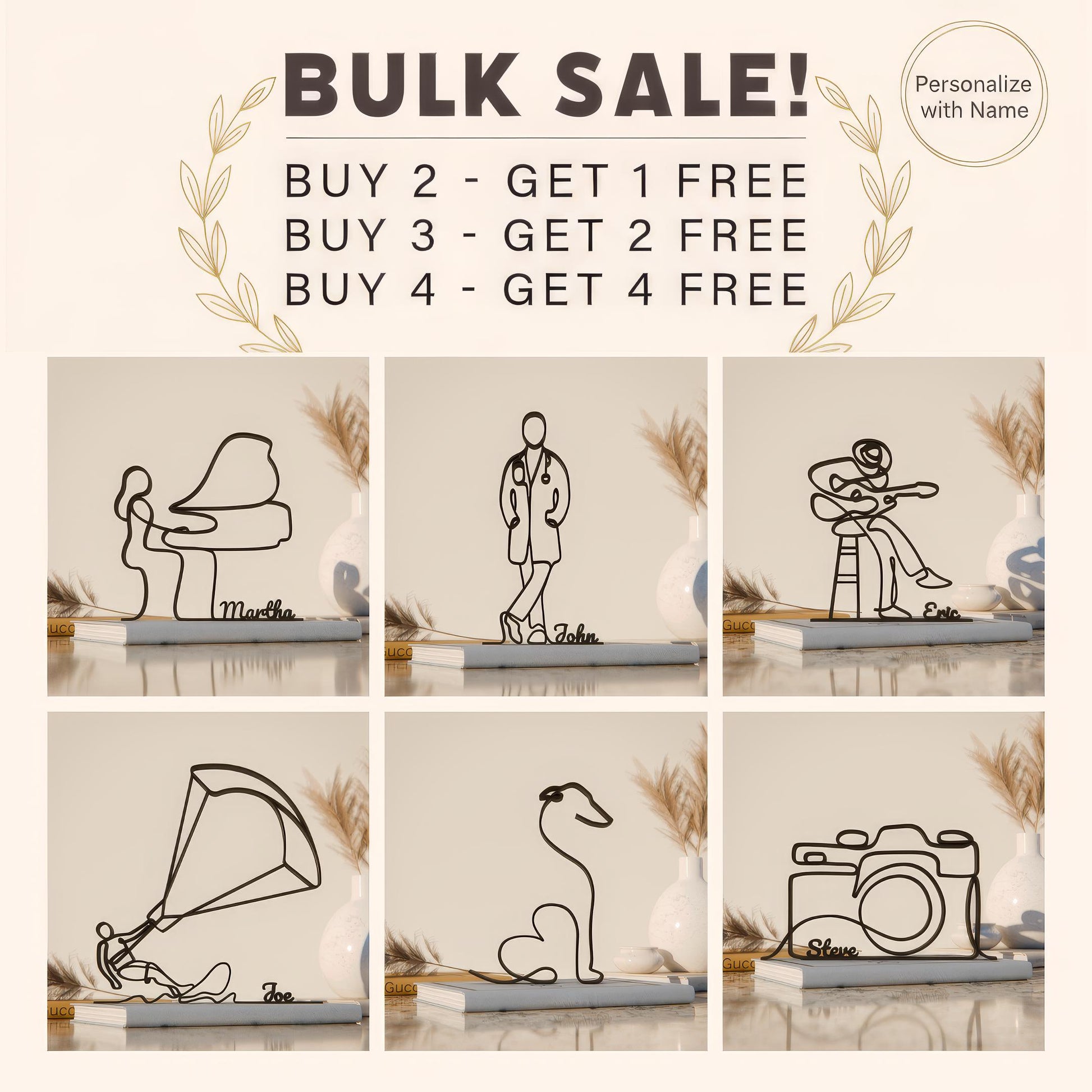 The image is a collage of six different wire sculptures, each depicting a unique scene or object. The sculptures are arranged in a grid format, with two sculptures in each row and three sculptures in each column. The sculptures are set against a neutral background, and the image does not contain any text.